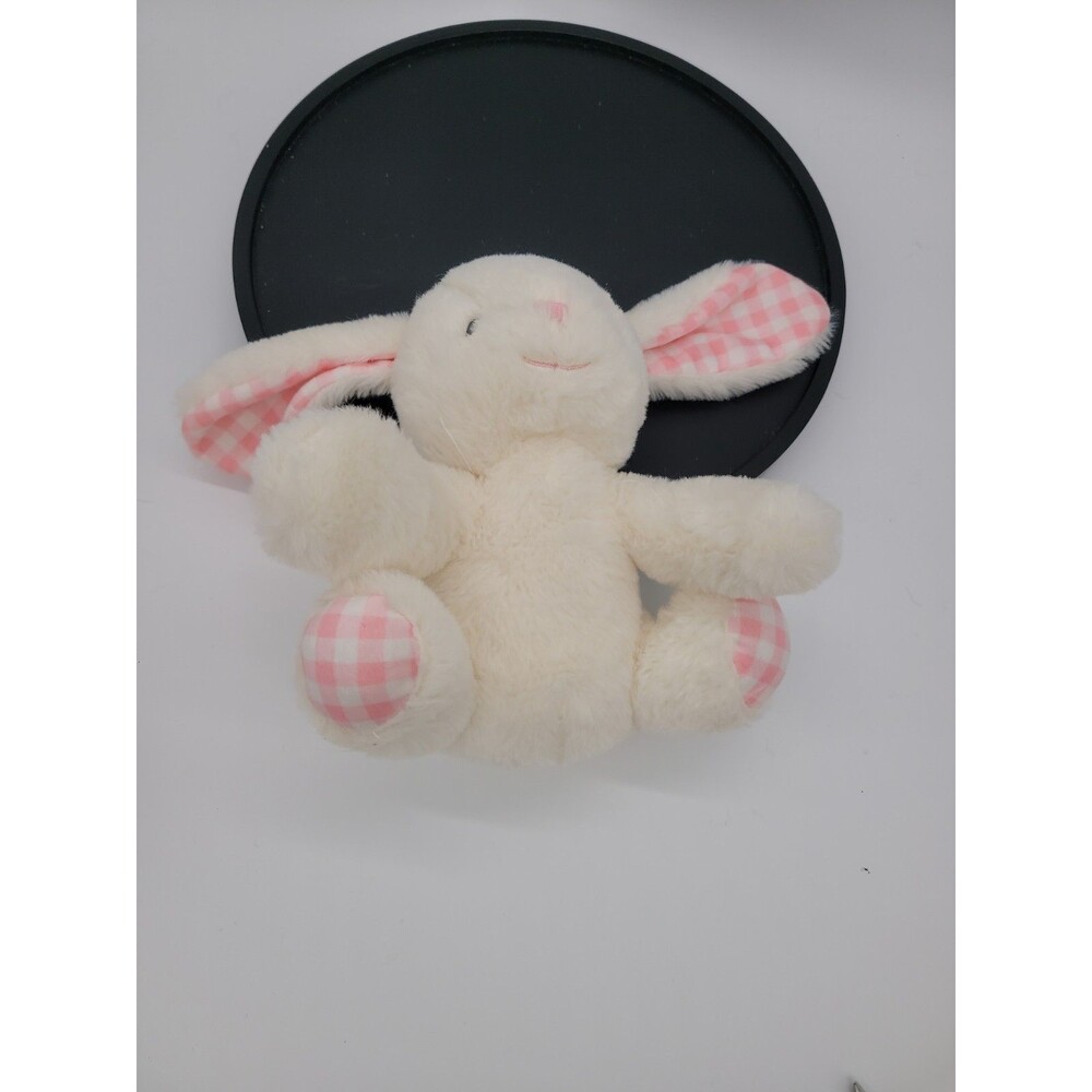 MTY International Bunny Rabbit Plush Pink Plaid  Ears Feet 8.5” Rattle Animal